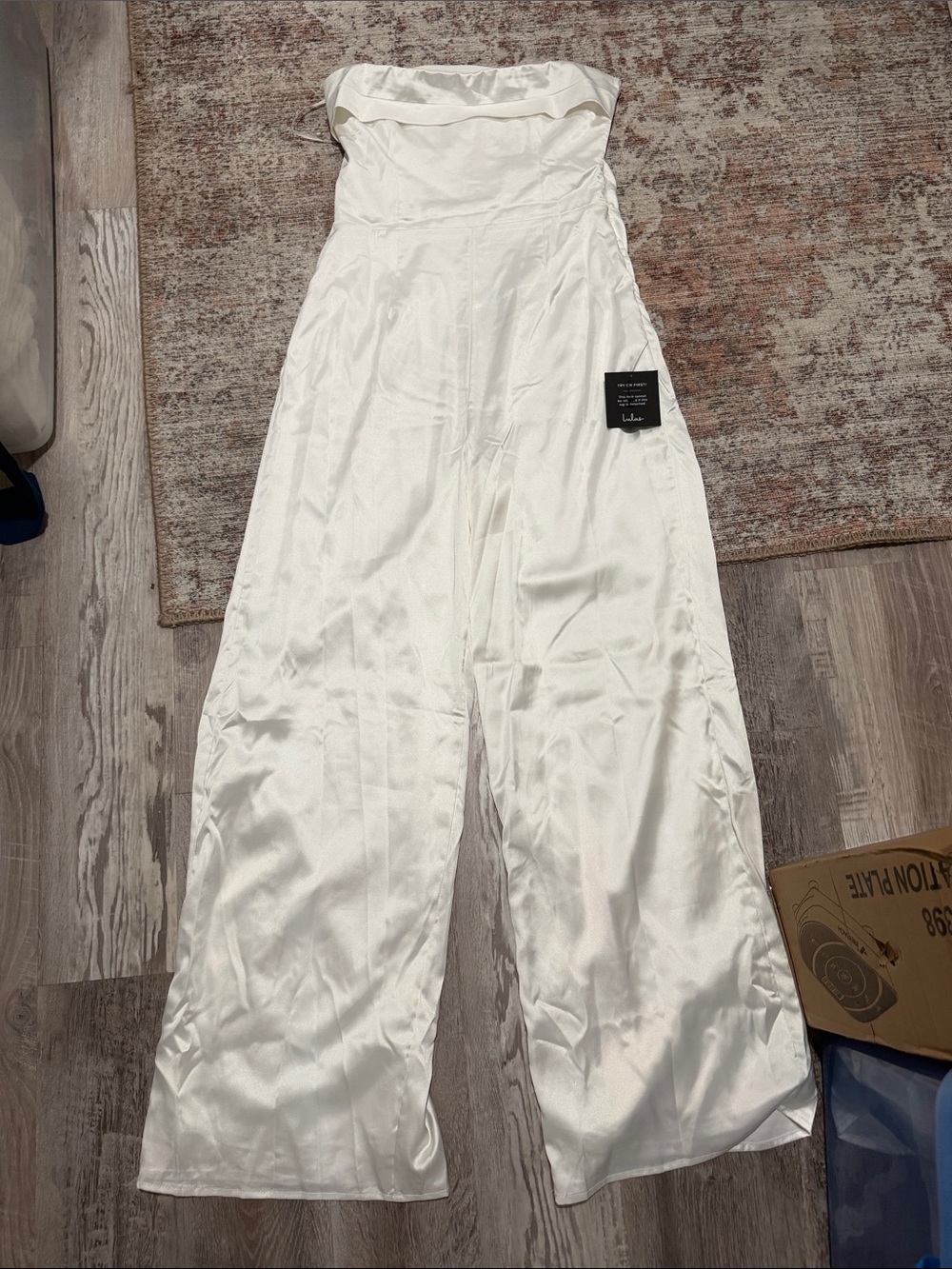 White Fox Boutique Satin Strapless Wide-Leg Jumpsuit in White